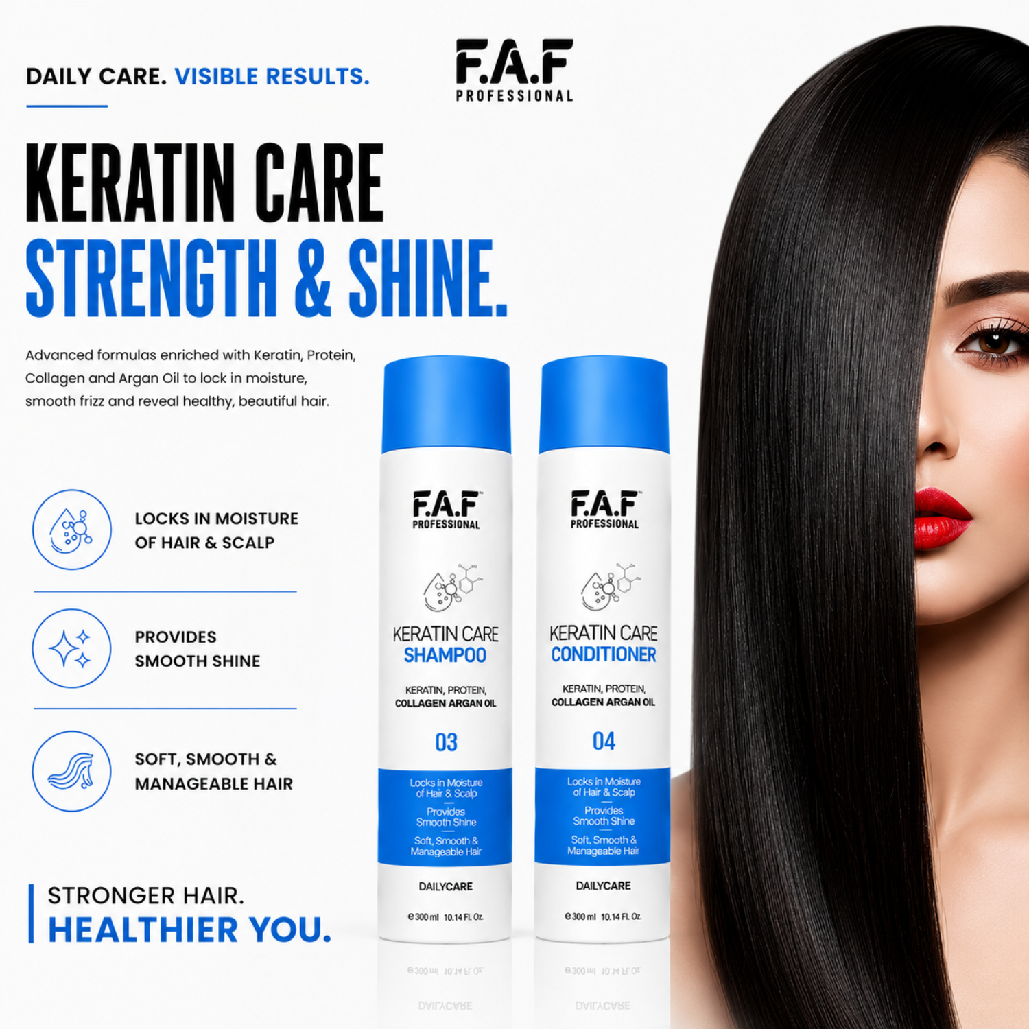 F.A.F Professional Keratin Care Shampoo 300ml – Keratin, Collagen & Argan Oil for Smooth, Shiny Hair - Image 2